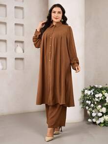Veilorie Plus Size Women's Casual Solid Color Front Button Long Sleeve Top And Pants Arabic Style Set, Autumn - Brown - View 7