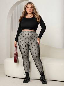 SHEIN CURVE+ 秋冬大码女式透明蝴蝶结网眼衬里紧身裤 - 黑色 - 查看 7