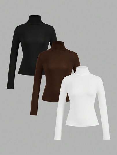 SHEIN EZwear 3pcs/Set Women's Black, Brown, White Casual Turtleneck Long Sleeve Tight Fit Base Layer T-Shirt Set, Suitable For Autumn/Winter,Fall,Fall Clothes For Women,Women's Winter Clothes