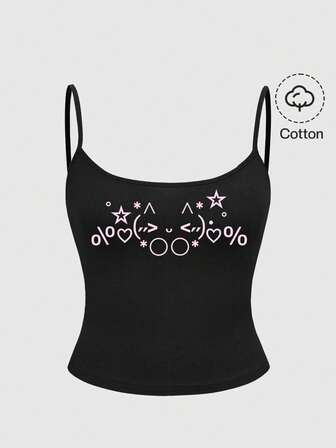 Cute Emoticon Y2K Korean Kawaii Blushing Cat Face Graphic Black Camisole For Women