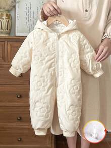 Vintaside Kids Babygirl Autumn & Winter Long Sleeve Hooded Simple & Fashionable Jacquard Fabric Jumpsuit, Suitable For Mild Weather, Ideal For Keeping Babies Warm In Cooler Months, Practical & Stylish For Everyday Wear - Yellow - View 3