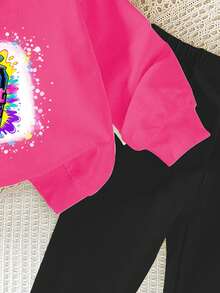 Young Girls Light Pink Splatter Paint & Can Tab Letter Print Long Sleeve Sweatshirt Set For Autumn,Back-To-School,Career Day,Outdoor Sports Wear - Multicolor - View 4