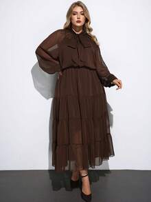 Maija Plus Size Women's Brown Elegant Dinner Tea Party Maxi Dress,Twist Collar Lantern Sleeve Layered Hem Semi-Sheer Retro Country Office Business Casual - Brown - View 6