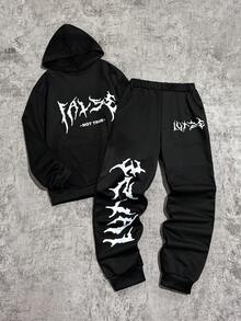 Coolqubz 2pcs/Set Teenage Boys Casual Street Style Graphic Print Hoodie Sweatshirt And Drawstring Pants Outfit, Fashionable Design Suitable For Autumn/Winter - Black - View 6
