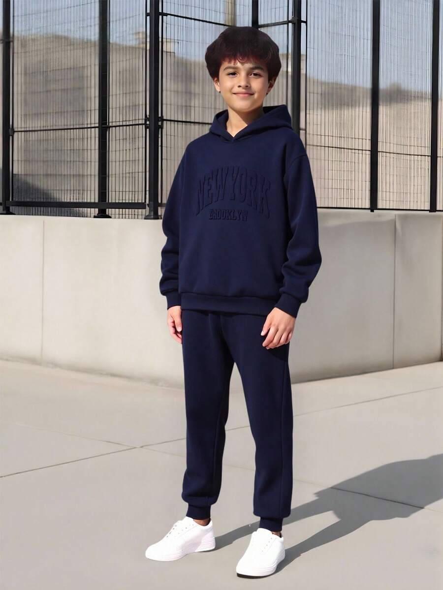 SHEIN Vacaura 2pcs/Set Boys Casual Hooded Sweatshirt And Sweatpants Knit Set, Autumn/Winter Fall - Navy Blue - View 1