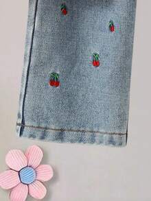 SHEIN 2pcs Girls Vintage Red Ribbed Fabric Round Neck Short Sleeve Top With Bow Decor & Elastic Waist Button Decor Jeans Pants Set - Red - View 6