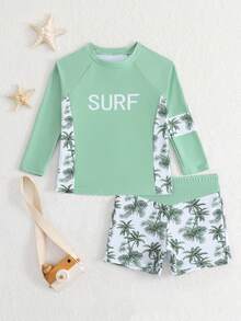 男童防晒泳衣套装 - 两件套，UPF 50+ 防晒长袖泳衣和泳裤，适合 4-8 岁男童 - 綠色 - 查看 6