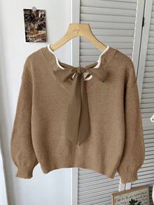 SHEIN Tween Girl Casual Fashion Versatile Knit Wavy Hem V-Neck Bowknot Back Lantern Sleeve Pullover Sweater, Suitable For Weekend, Casual Outing, Back To School, Halloween, Christmas, New Year In Fall/Winter - Khaki - View 2