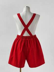 Sweetra 加大码无袖草莓刺绣荷叶边口袋优雅可爱休闲连体裤 - 紅色 - 查看 2