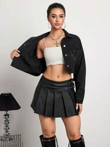 SHEIN Tall 女士长袖单排扣休闲短款牛仔外套 - 黑色 - 查看 7