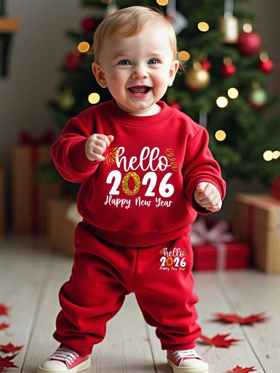 圣诞节两件套:男婴休闲时尚红色卫衣和印有“Hello 2026 Happy New Year”字样的白色图案卫衣,舒适圆领长袖,搭配同色系运动裤,适合男婴和婴幼儿的节日装扮,秋冬春季皆宜。 - 彩色 - 查看 1