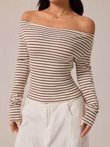 SHEIN PETITE Women's Contrast Stripe Oblique Shoulder Long Sleeve T-Shirt,Autumn Women's Clothing, Winter Women's Clothing, Apricot Striped Women's Tops, Going Out Tops, Striped Off-The-Shoulder Tops, Women's Casual Tops, Long-Sleeved T-Shirts, Off The Shoulder Long Sleeve Off The Shoulder Top Tops For Women Sexy Boat Neck Top - Multicolor - View 6