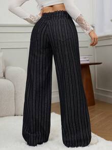 SHEIN Tall Quần jean ống rộng kẻ sọc màu đen thời trang mùa đông cho nữ đi làm, cạp ren thanh lịch với họa tiết chắp vá - màu đen - Xem 7