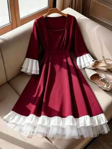 GlowEve CURVE Casual Long Sleeve Square Neck Red A Line Dress With Tiered Flounce Hem And Flare Cuffs Plus Size For Women - Red - View 1