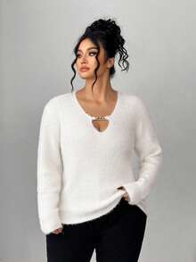 Elenzga Women's Autumn/Winter New Hollow Metal Chain Knitted Pullover Sweater Top, Fashionable Design, Soft & Comfortable Faux Mink Fur - Beige - View 6