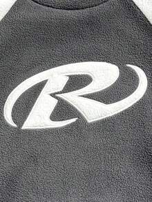 Coolqubz 1 件青少年男孩休闲街头服饰撞色拼布羊毛圆领套头衫，带图案印花，适合街头风格 - 灰色 - 查看 4