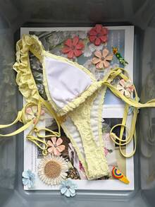 Swim Mod 2026 New Spring/Summer Women's Yellow Triangle Bikini Swimsuit, Sexy Backless Triangle Bottoms, Unique Fabric, European & American Style Flower Swimsuit Lemon Bathing Suit Lemon Bikini Yellow Bathing Suits Yellow Bikini