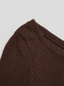 SHEIN Clasi Gaun Elegan Model A-Line Ukuran Plus dengan Dekorasi Mawar Emas, Lengan Mengembang Bergaris, dan Pinggang Ramping - Coklat - View 5