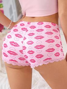 Eraneu Women's Thin Panties, Rose Red Floral Lace Patchwork Underwear - Pink - View 2