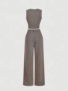 SHEIN MOD 两件套：千鸟格纹休闲背心和裤子，通勤风格 - 棕色 - 查看 3