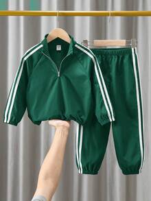 SHEIN 两件套男童休闲插肩袖立领装饰缎带立领半开襟外套和松紧腰裤套装，抓绒加厚款