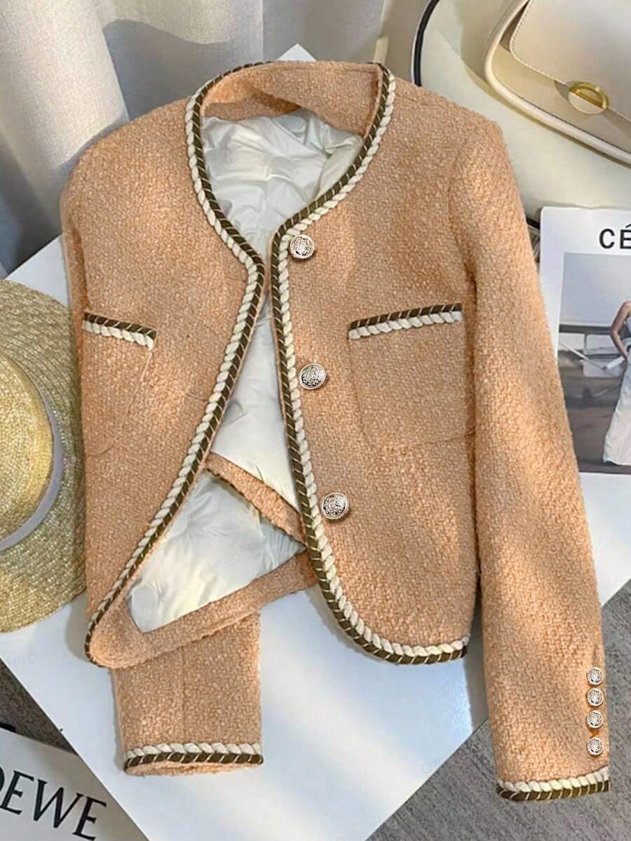 Franclia Women's Khaki Tweed Patchwork Lined Short Jacket, Commuting Chic, Autumn/Winter - Orange - View 1