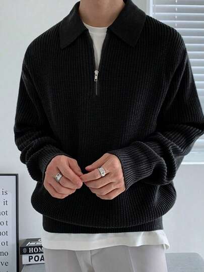 Claim Dot 加大码男士纯色半拉链休闲翻领针织长袖毛衣，适合外出穿着，男士黑色毛衣，男士针织衫，秋冬季