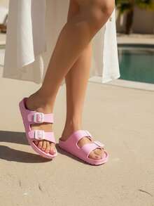 Sandalia EVA, doble hebilla, ligera, resistente al agua, cómoda, ajuste ajustable, rosa con hebillas blancas, estilo casual, verano, fácil de limpiar. - Rosa - Ver 6