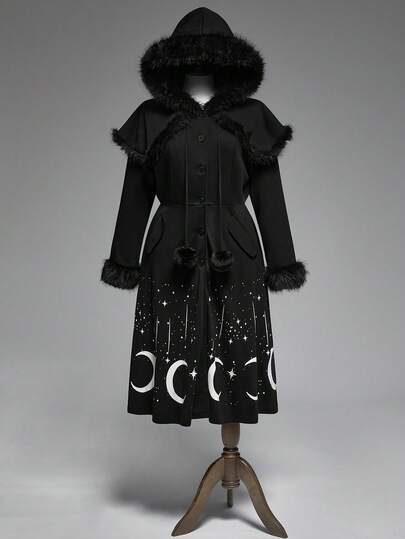 Goth Gothic Retro Star & Moon Print Long Black Heavyweight Vintage Maxi Coat, Plus Size Women Autumn/Winter Outerwear With Furry Collar