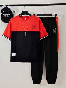 Vacaura 2pcs/Set Teenage Boys' Casual Contrast Color Patchwork Letter Print T-Shirt And Sports Pants Set - Red - View 7