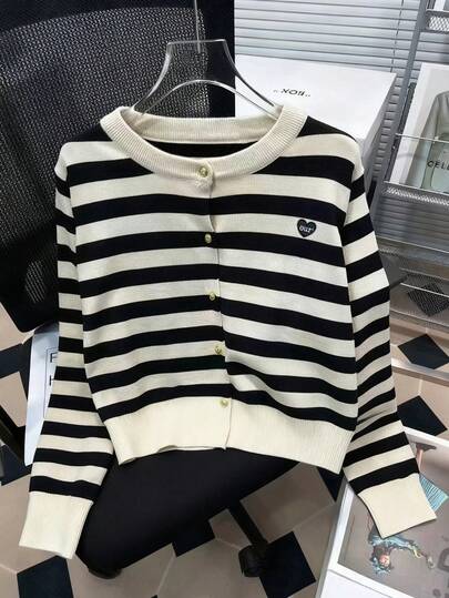 Resyla 大码女式条纹圆领长袖休闲针织开衫，秋冬款