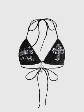 Y2K Sexy Gothic Cross Print Rhinestone Spaghetti Strap Tie Camisole