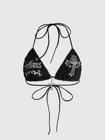 Y2K Sexy Gothic Cross Print Rhinestone Spaghetti Strap Tie Camisole