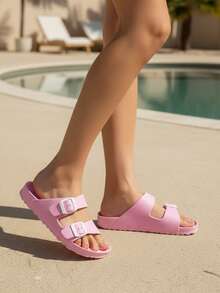 Sandalia EVA, doble hebilla, ligera, resistente al agua, cómoda, ajuste ajustable, rosa con hebillas blancas, estilo casual, verano, fácil de limpiar. - Rosa - Ver 2