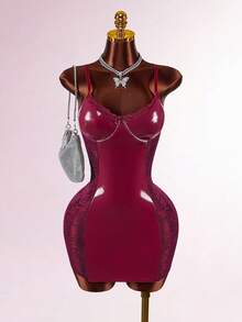 Amplova Váy mini bodycon PU cho nữ có ren tương phản, gợi cảm và tiên phong, màu đỏ rượu vang, thích hợp cho ngày lễ tình nhân, năm mới, trang phục sinh nhật - Màu Đỏ Sâu - Xem 2