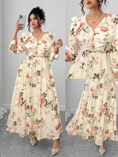 Elenzga Plus Size Women Elegant Polka Dot Print V-Neck Ruffle Hem Long Sleeve Dress