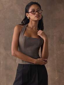 SHEIN BAE Áo tank top nữ màu trơn bằng da lộn, kiểu yếm, hoàn hảo cho những buổi đi chơi thường ngày, đi làm, đi học và những dịp thư giãn. Áo tank top casual, mùa xuân, áo đi chơi cho nữ, áo màu nâu casual. - Màu nâu  Mocha - Xem 6