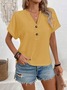 SHEIN LUNE Vacation Casual Solid Color Notched Neck Short Sleeve T-Shirt - Yellow - View 4