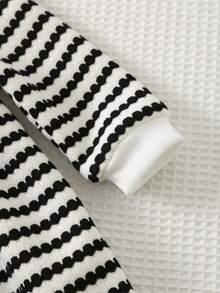 Cozy Pixies Baby Girl Heart Striped Pattern Round Neck Long Sleeve Cinched Waist Dress, Thick Thermal Lined Suitable For Winter - Black and White - View 6