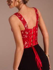 Glamine Women's Floral Sequin Asymmetric Hem Fashion Tank Top Red Sequin Top Corsets Women Tops Corset Top Dress Red Lace Top Christmas Party Dress