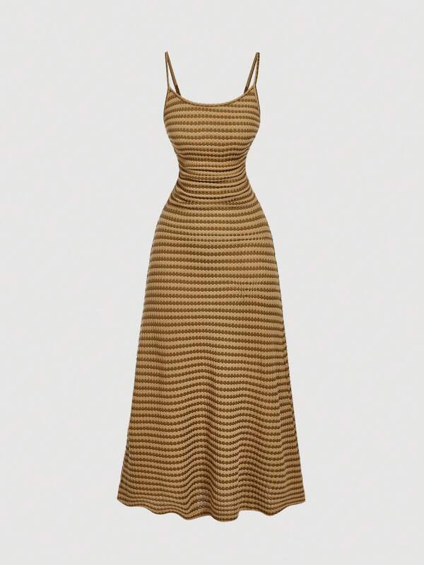SHEIN MOD Women's Brown Ruched Waist Flared Hem Spaghetti Strap Dress,Striped Fitted Dress,Semi Formal Dress,Elegant Tea Party Dress,Flowy Cruise Women Outfits,Holiday Outfits For Women,Vacation,Summer Dress,Casual Dress
