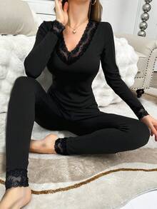 SHEIN Contrast Color Lace V-Neck Fitted Brushed Long Sleeve Top And Pants Women's Base Layer Set - Black - View 3