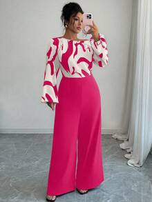 Elenzga Women's Printed Patchwork Waist Wide Leg Jumpsuit, Elegant Silhouette For Daily Commute And Versatile Wear - Hot Pink - View 6