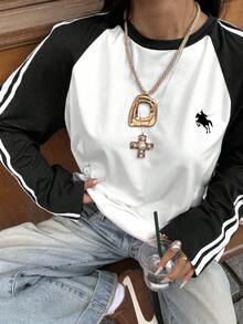 SHEIN EZwear Women's New Patchwork Loose Fit Long Sleeve Retro T-Shirt With Pony Pattern,Fall,Fall Clothes For Women,Women's Winter Clothes