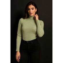 Blusa Top de Líneas Rayas Cuello Alto Manga Larga para Mujer Dama Sexy Casual Básico Lindo Adorable Tierno Ajustada - Verde - Ver 2