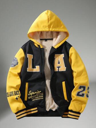 Manfinity Campus Court Chaqueta con capucha casual para hombres con estampado de color contrastante, forrada térmicamente, chaquetas con capucha de diseñador para otoño/invierno para hombres, chaquetas para hombres, sudadera con capucha para hombres, sudadera casual con estampado gráfico de letras y cremallera para hombres