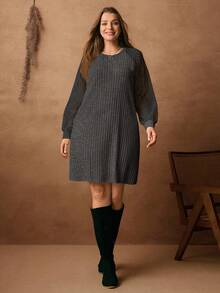 EMERY ROSE Plus Size Solid Color Minimalist Casual Round Neck Long Sleeve Dress - Black - View 8