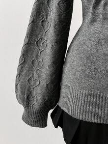 Sunspun 大码女式休闲U领心形纽扣装饰长袖修身套头毛衣 - 深灰色 - 查看 3