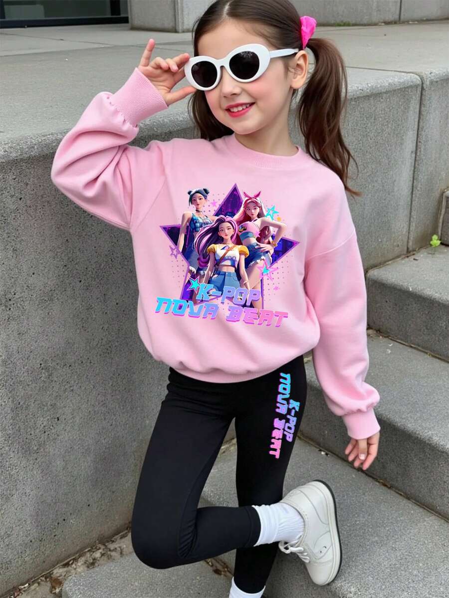 SHEIN Streecool Kids 2pcs/Set KPOP Graphic Print Top, Young Girls Crew Neck Sweatshirt And Leggings Set, Fashionable Casual, Suitable For Autumn/Winter