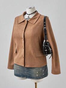 Sunspun Plus Size Women's Retro Classic Old Coin Windbreaker Jacket, Elegant Design With Buttons And Fake Pockets, Solid Color Minimalist, Suitable For Commuting, Autumn, Minimalism, Business Casual, Vacation, Work, Teacher, Back To School, Fall, Old Money Style Outerwear